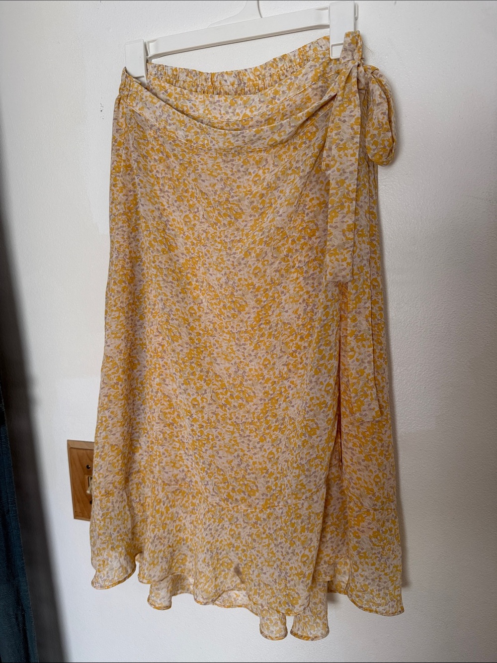 Skies Are Blue Yellow Floral Mock-Wrap Midi Skirt